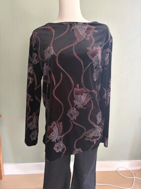 Vintage Jaipur Black Long-Sleeve Floral & Wave Print Top size Large